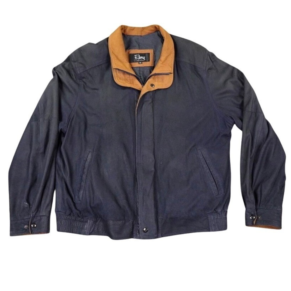 VTG Remy Leather Bomber Jacket Men 44 Bluish Gray Tan Contrast Double Collar USA